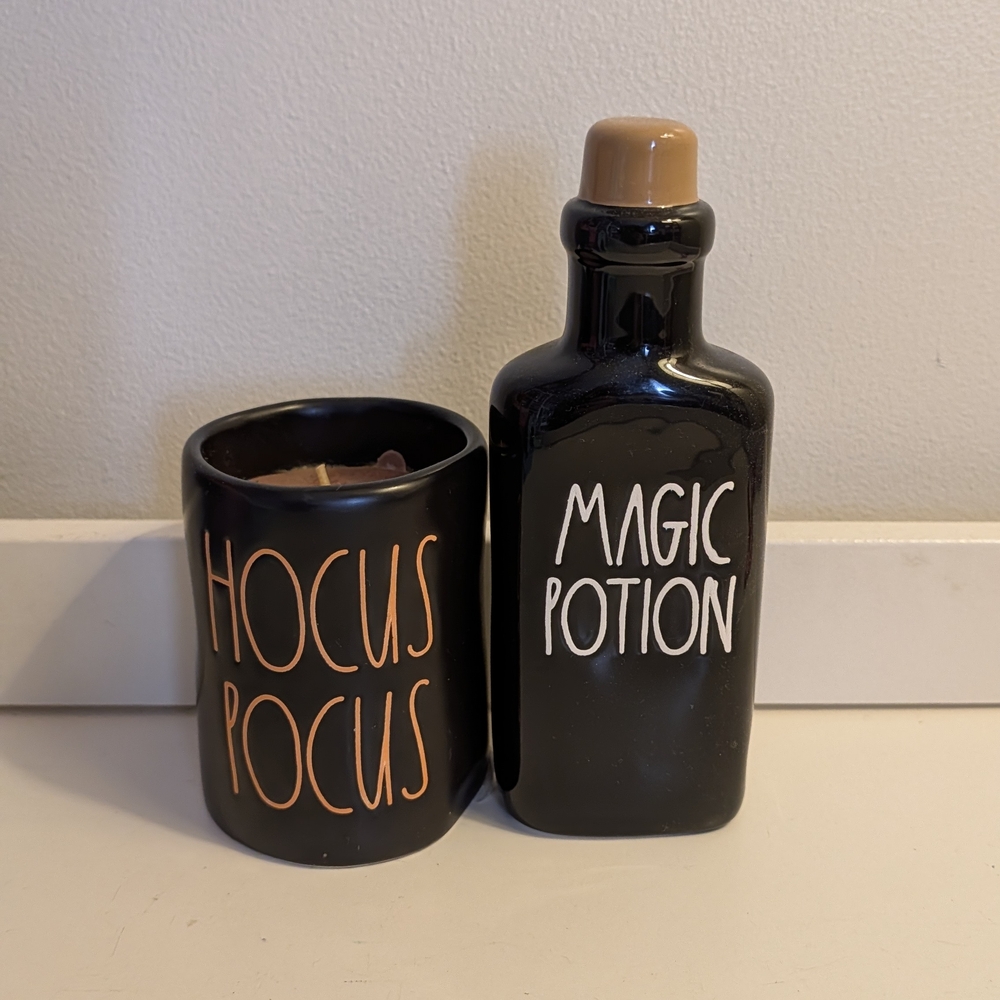 Rae Dunn Black and Orange Hocus Pocus Candle and Magic Potion Bottle
